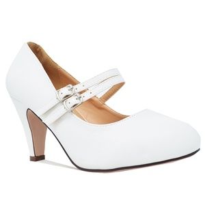 Chase + Chloe Shoes - Women's White PU Double Mary Jane Retro Pump Chase + Chloe Shoes - Women's White PU Double Mary Jane Retro Pump
